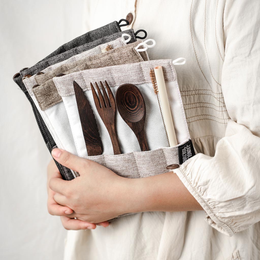 Bamboo Cutlery Set with Green Travel Bag | Reusable Eco Utensils