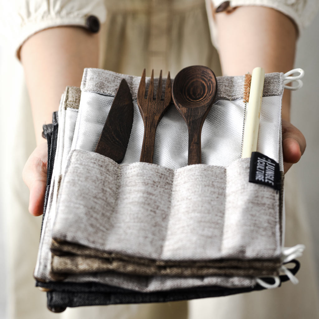 Bamboo Cutlery Set with Green Travel Bag | Reusable Eco Utensils
