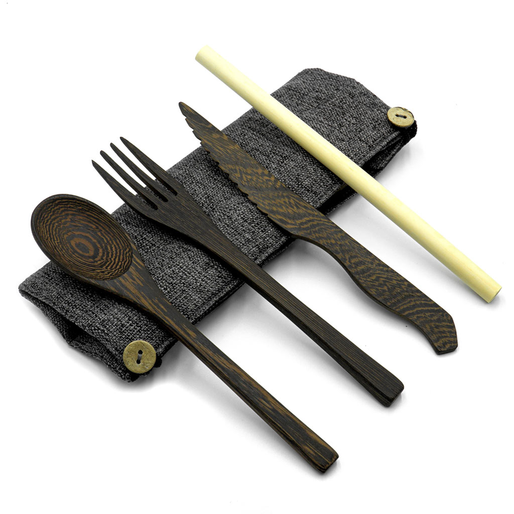 Bamboo Cutlery Set with Green Travel Bag | Reusable Eco Utensils