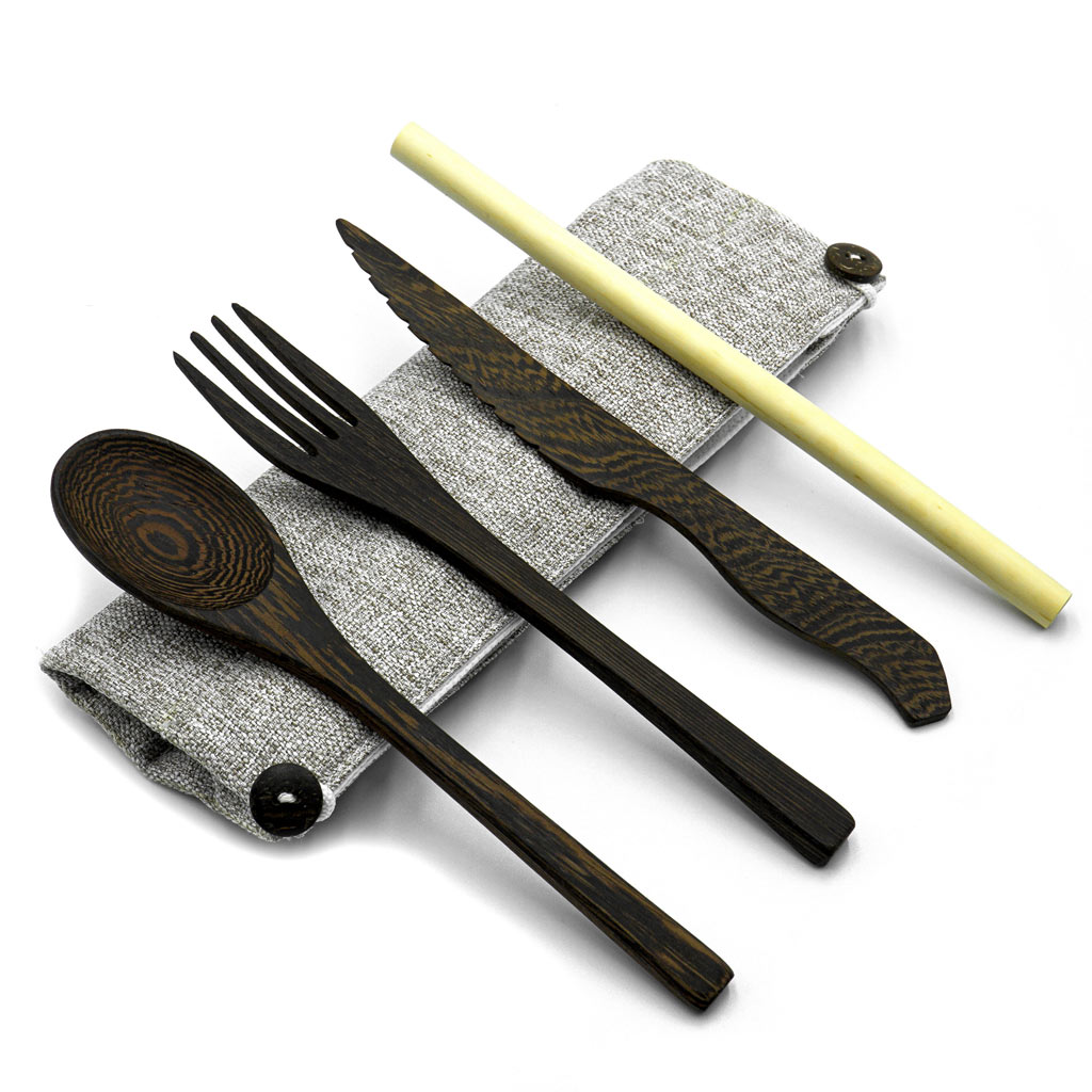 Bamboo Cutlery Set with Green Travel Bag | Reusable Eco Utensils