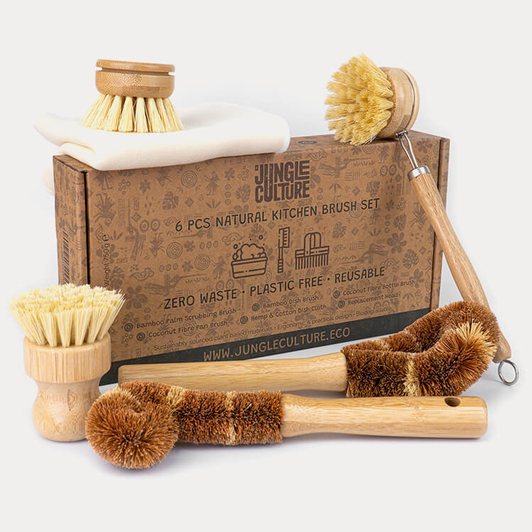 Natural Bamboo Dish Brushes Set of 6 - Zero Waste Kitchen Cleaning