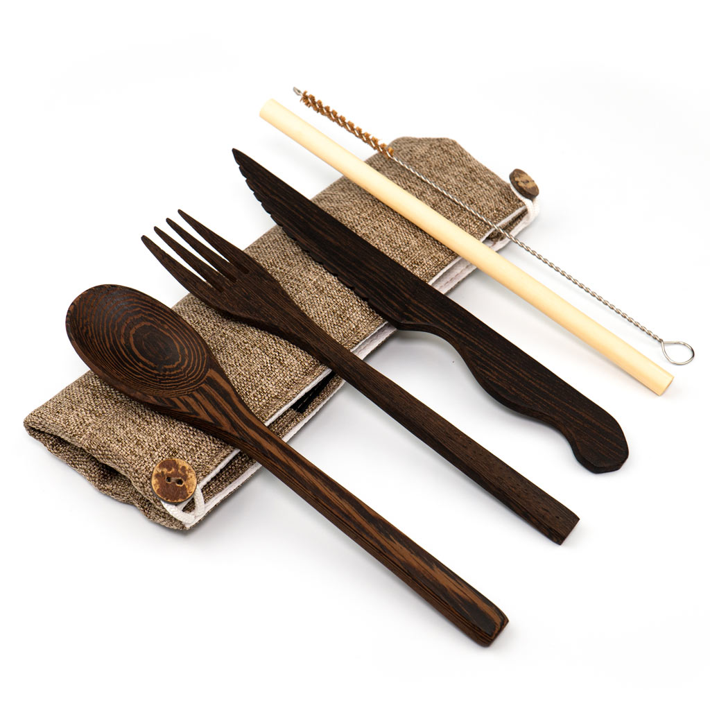 Bamboo Cutlery Set with Green Travel Bag | Reusable Eco Utensils