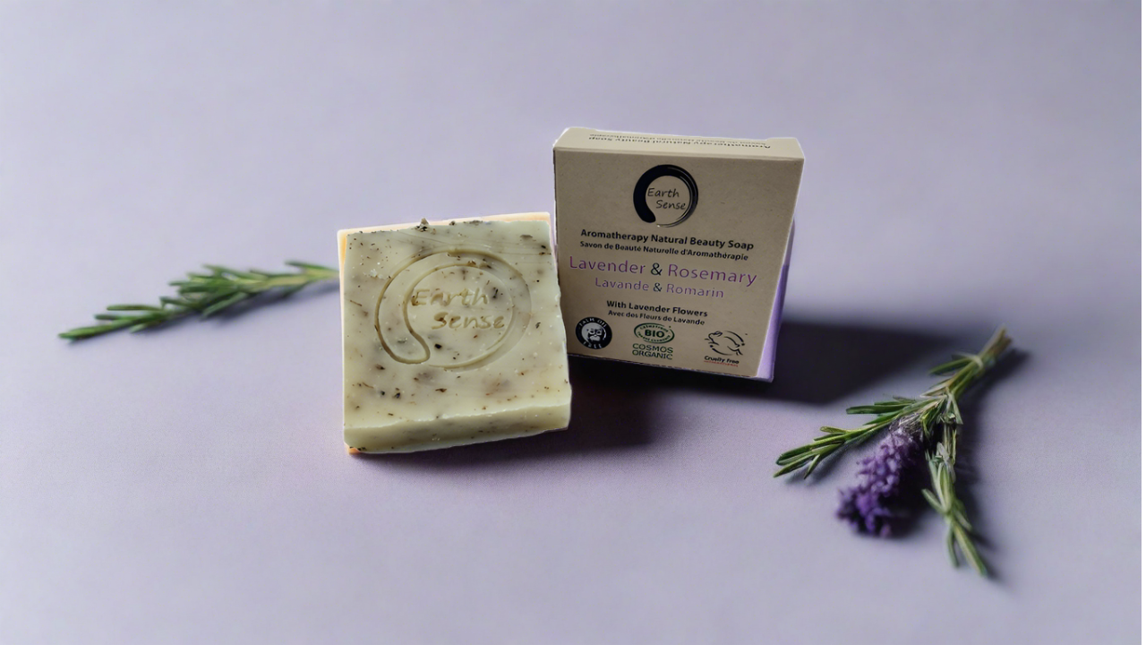 Organic Solid Soap Bar - Lavender & Rosemary with Lavender Flowers 90g