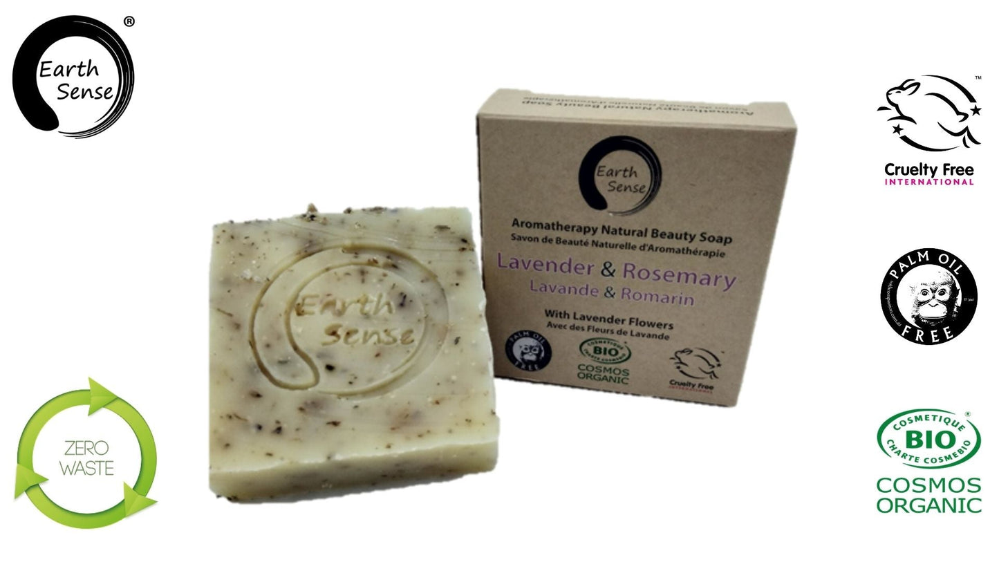 Organic Solid Soap Bar - Lavender & Rosemary with Lavender Flowers 90g