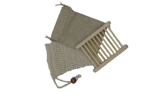 Natural Accessories Trio Set — Soap Bag, Sisal Mitt & Bamboo Dish